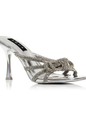 NIB Aqua Alice Slip On Silver Rhinestones High Heel Sandals